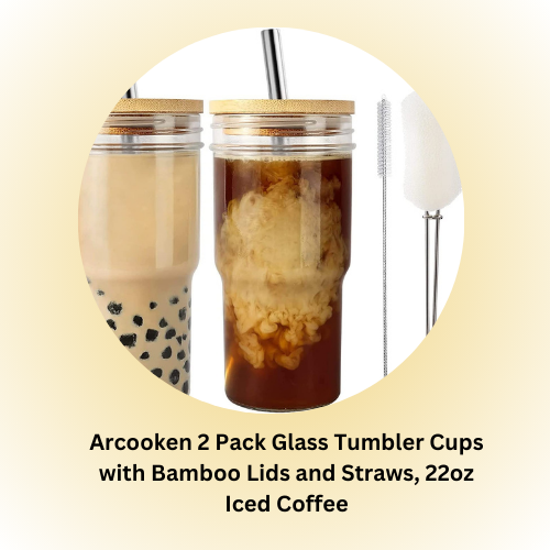 Arcooken 2 Pack Glass Tumbler Cups with Bamboo Lids and Straws, 22oz Iced Coffee
