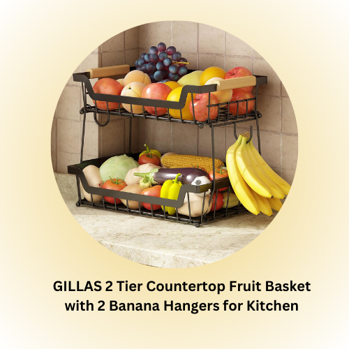 GILLAS 2 Tier Countertop Fruit Basket with 2 Banana Hangers for Kitchen