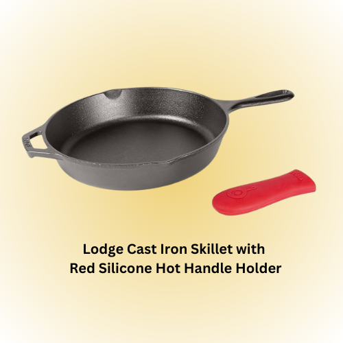 Lodge Cast Iron Skillet with Red Silicone Hot Handle Holder